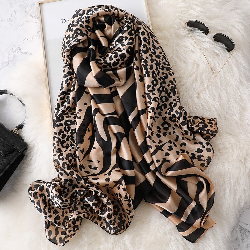 Leopard-print matchet silketørklæde kvinder forår sommer sjaler og wraps blød lang pashmina tynde vinter tørklæder hijab: Fs420-2