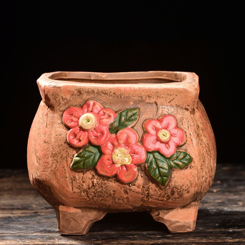 Ceramic Flowerpot Coarse Poterry Floral Pattern Fleshy Plant Pot Breathable Vase Office Desktop Ornaments Garden Decor