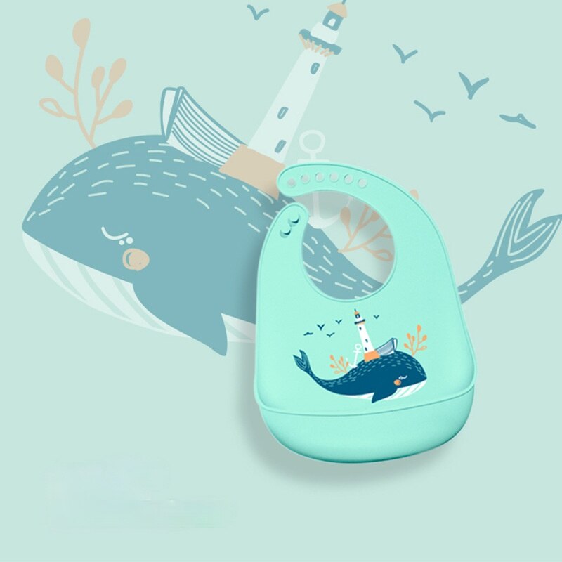 Baby Lätzchen Weichen Silikon Kleinkind Fütterung Lätzchen Wasserdichte Kleinkind Zeug Solide Karikatur Dinosaurier Druck Mädchen Junge Einstellbare Spucktücher: Grün Wal
