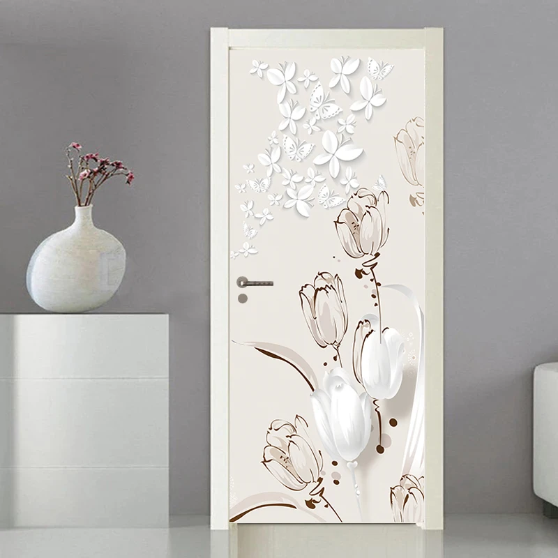 Deursticker Moderne sticker Cover Wallpaper Home Entrance Ornament Entree Decoratie Zelfklevende foto op de koelkast Bloemen