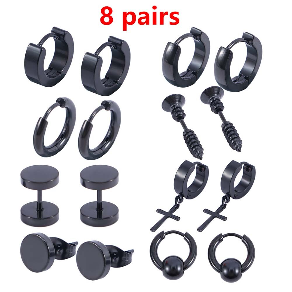 8 pares Punk pendientes Hip Hop Rock negro de acero de titanio Stud pendientes Acero inoxidable pendientes de pesas de la joyería para las mujeres de los hombres