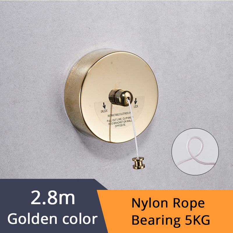 Bathroom Shelves Stainless Steel Nicke Clothesline Nice Single Line Hotel style Clothes Drying Line For Bathroom HJ-1256: Gold-1257K-Nylon