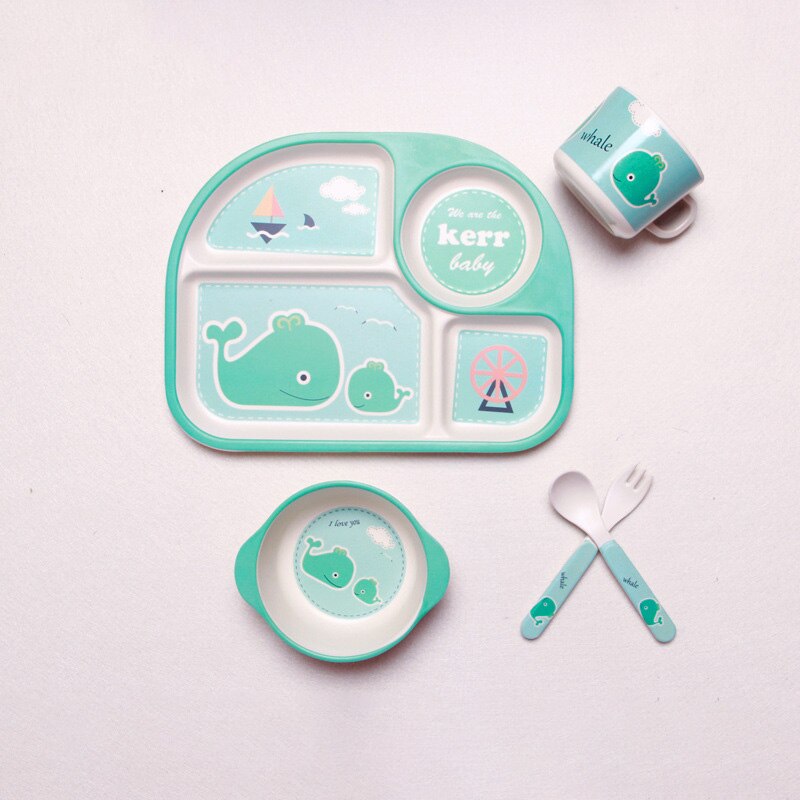 5 stuks babyservies van bamboevezel, babybord, kinderen, cartoon, scheidingsbord, kom, vork, lepel, beker, voedingsbenodigdheden