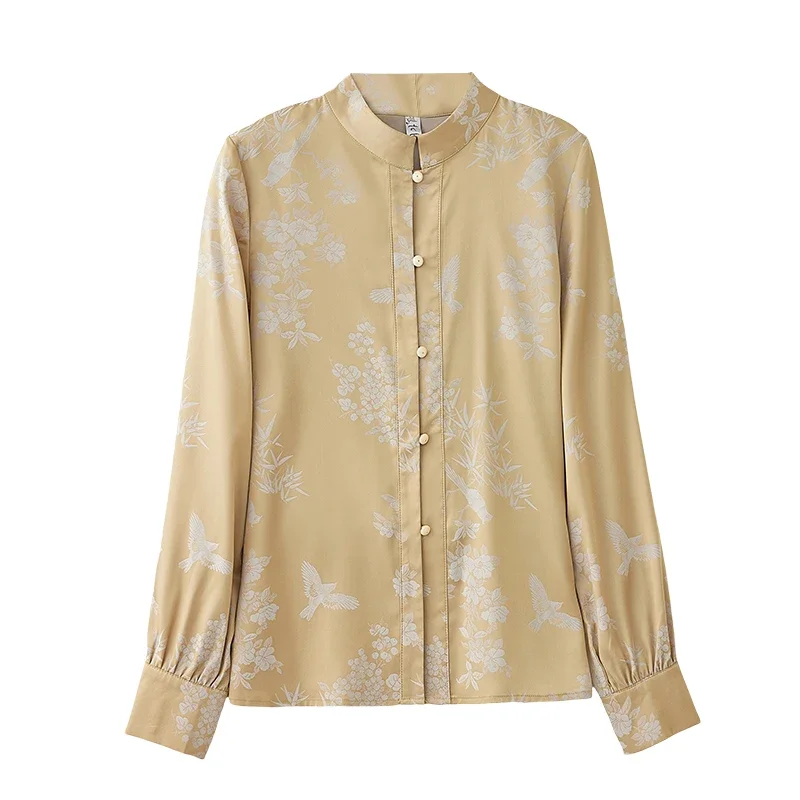 Satin Chinese Style Women's Shirt Spring/Summer Print Clothing Sales Loose Long Sleeves Korean Tops O-neck Vintage Women Blouses