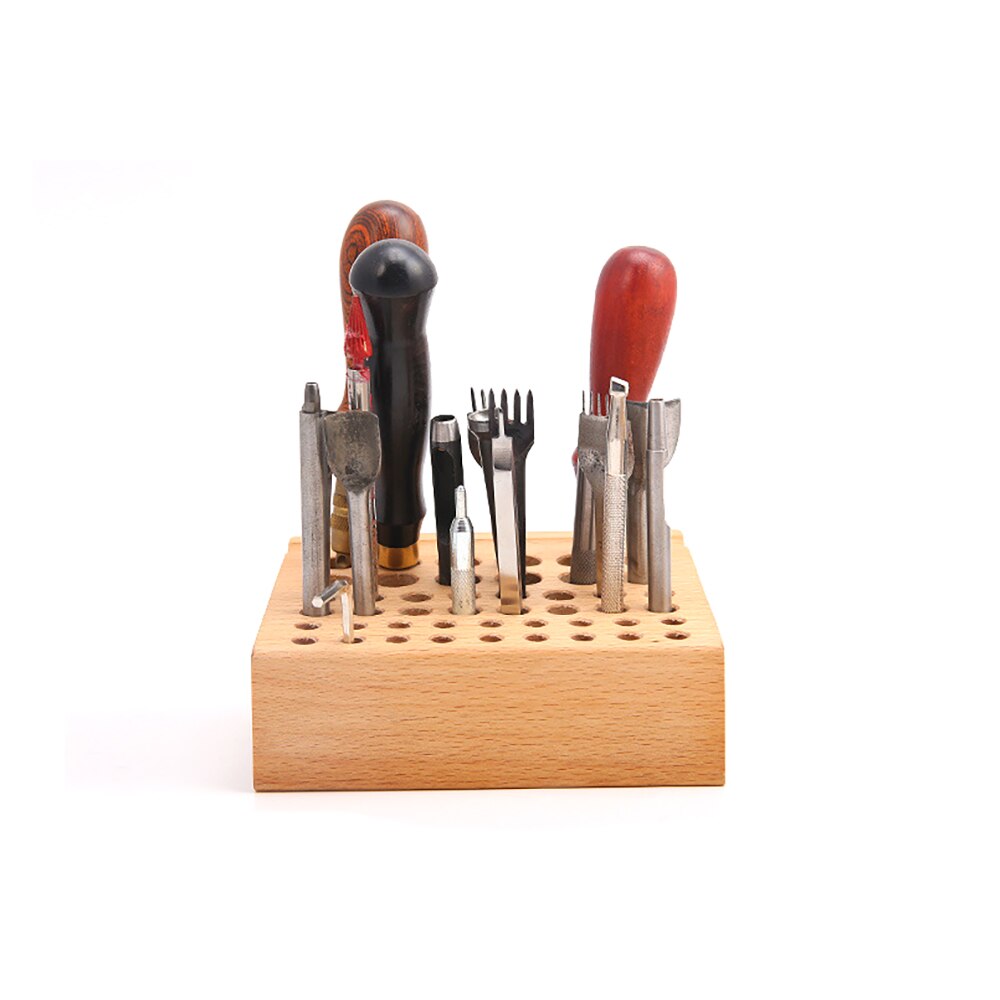 46 Holes Pine Wooden Leathercraft Rack Stand DIY Tamping Punching Tools Holder Organizer Storing Leather Tool Storage Box