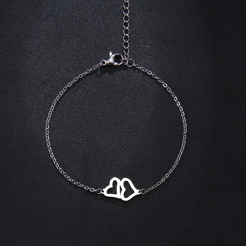 CR-173 Bracelet en acier inoxydable pour femme homme Double coeur couleur or et argent Pulseira Feminina bijoux de fiançailles amoureux