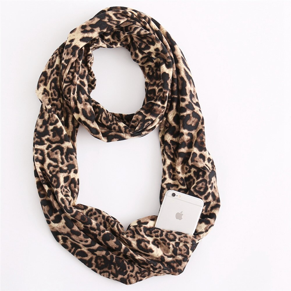 HanXi Secret Pocket Scarf with Zipper for Women Travels Leopard Crircles Scarves Soft Unisex Ring Scarf