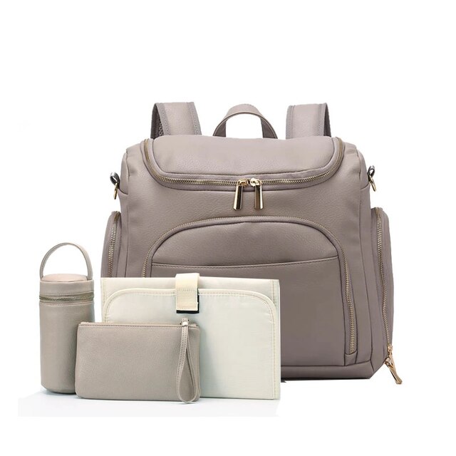 Pu læder baby ble blege taske rygsæk + puslepude + klap stropper + isolering taske + kosmetik taske: Stil en grå