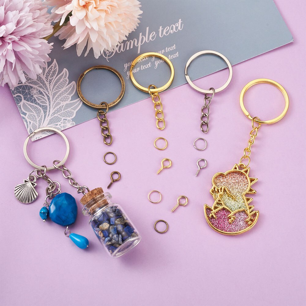 360pcs DIY Keychain Making Kits with Iron Split Key Rings Close but Unsoldered Jump Rings Alloy Iron Screw Eye Pin Peg Bails