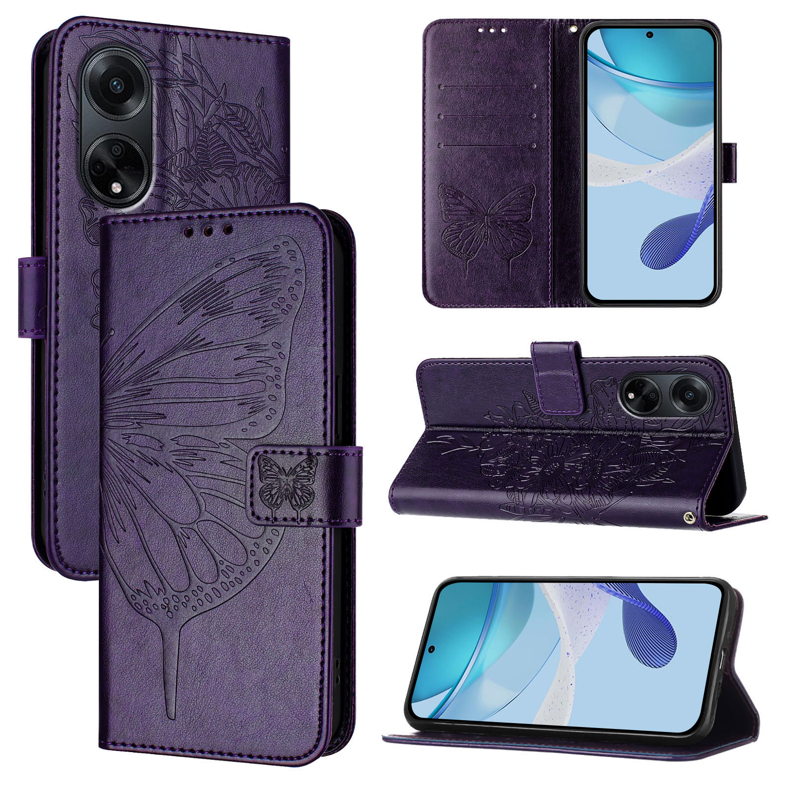Étui portefeuille à rabat en cuir PU pour Oppo A60 4G, coque de téléphone, porte-cartes papillon, pour OPPO A60 A38 A18 4G A98 5G: EVA / Violet foncé