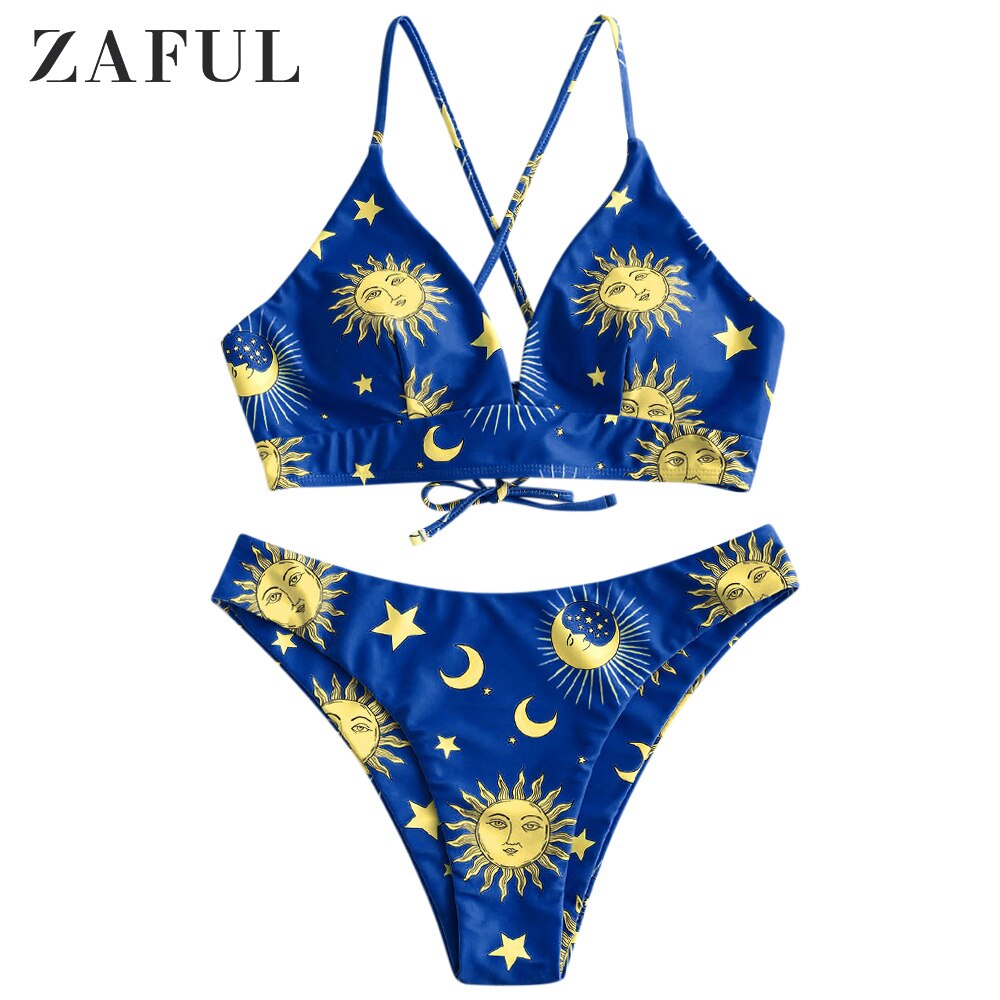 ZAFUL Stern Sonne Mond Spitze hoch Bikini einstellen Spaghetti-trägern Draht Freies Schwimmen Anzug Frauen Sommer Badeanzug hoch schneiden gepolsterte Bademode