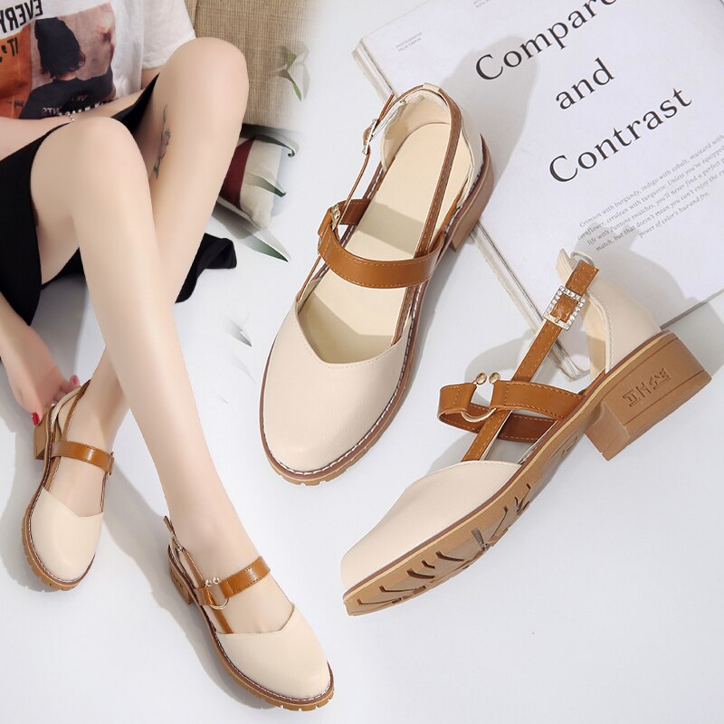 Office Lady Shoes College Girl Shoes PU Leather Mary Jane Casual Shoes Low Block Heels Slingback