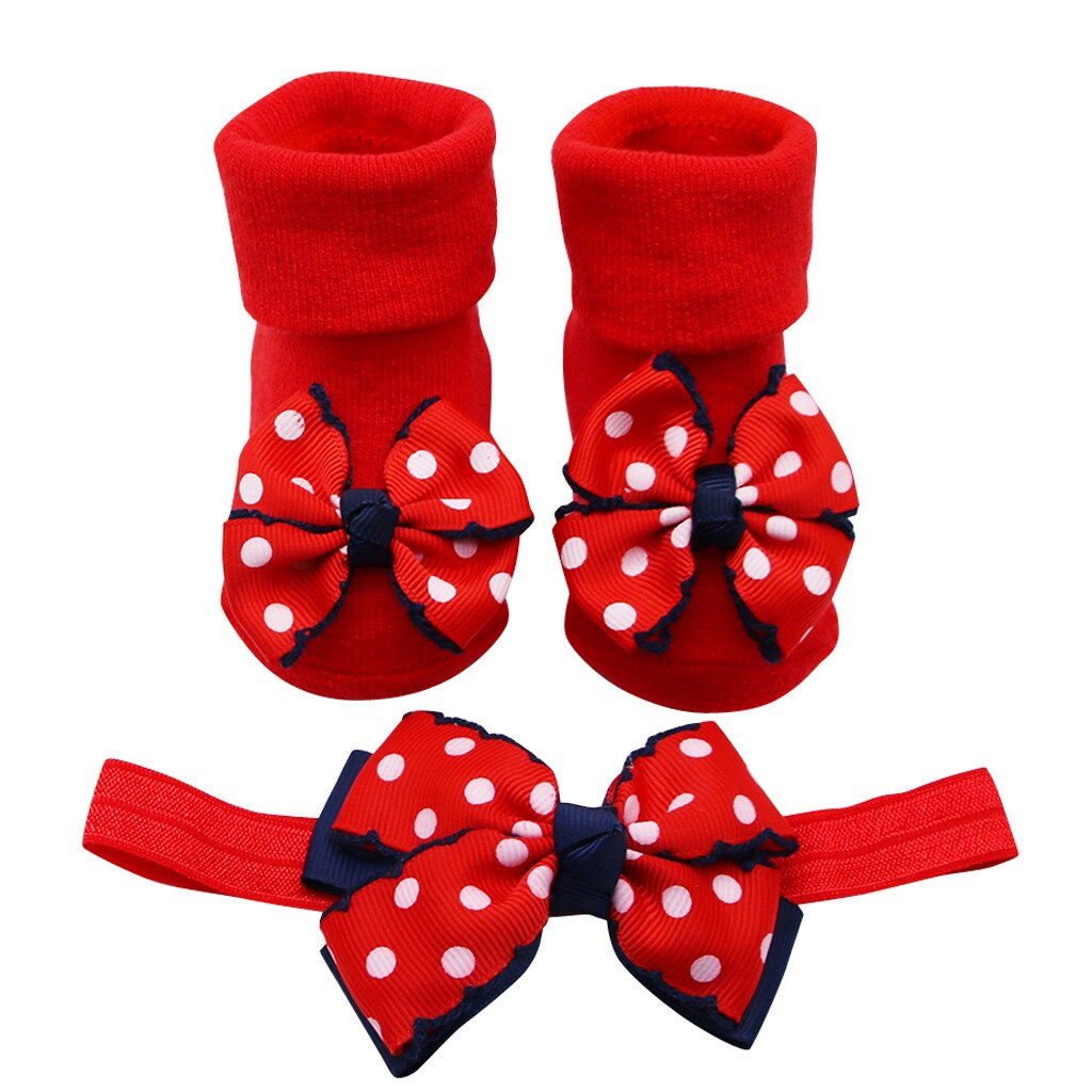 Baby Kleinkind Socken + 1PC Haar Gürtel Kleinkind Mädchen Bogen Welle Punkt Anti-Unterhose Baumwolle freundlicher Socken freundlicher Mädchen Herbst Warme Socken: rot