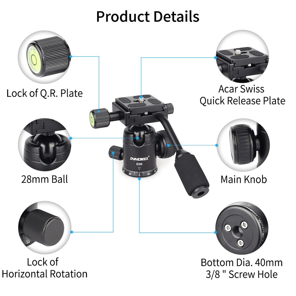 INNOREL D30 draagbare statief hoofd wordt geleverd met een panoramisch balhoofd met een afneembare handvat. Voor digitale SLR camera&#39;s