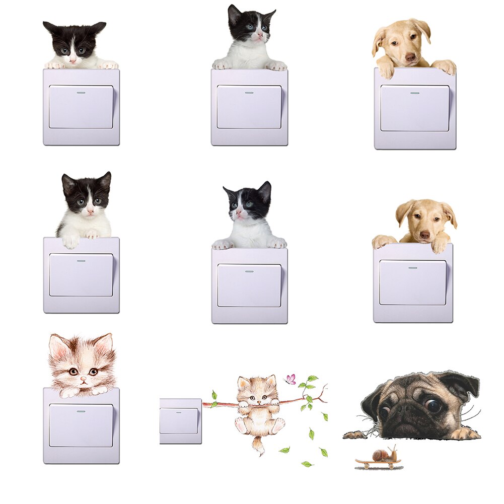 Very cute 3D Cat and Dog Switch stickers PVC Removable Wall Sticker Vinyl for Bedroom living room Home Decor Decals Socket paste