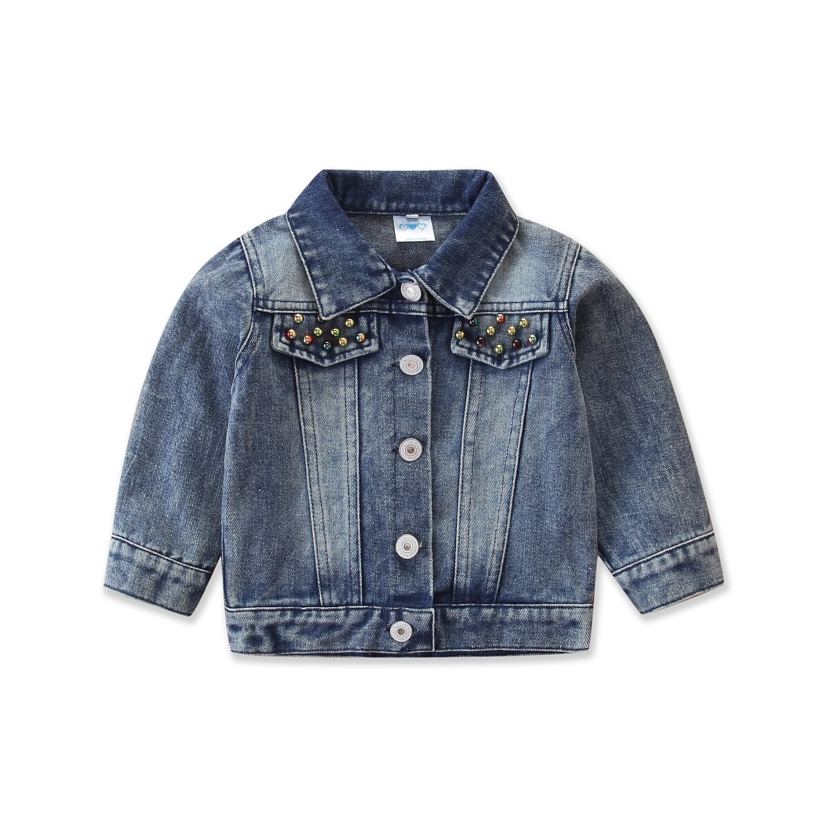 Mode Kinderen Baby Meisje Pailletten Hart Denim Jeans Jassen Herfst Lente Bovenkleding Kind Meisje Lange Mouw Kralen Zakken Jacket