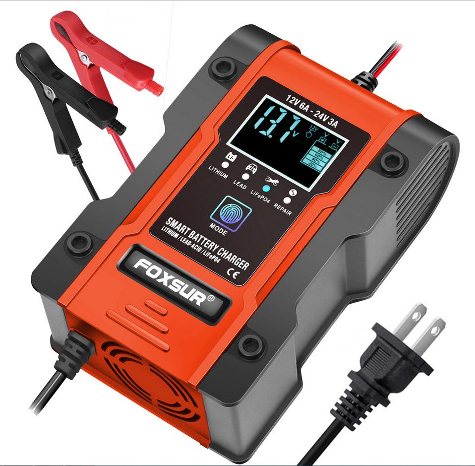 FOXSUR 12V 24V 6A ładowarka samochodowa naprawy 7-etap ładowarka na żel mokro AGM 12.6V litowo LiFePO4 bateria LiPo: żółty / UK