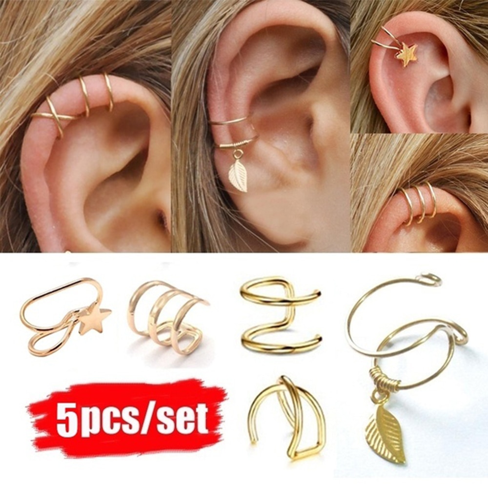 5 unids/set de personalidad creativa DOBLE C cartílago U-en forma de doble capa perforado pendientes sin Piercing