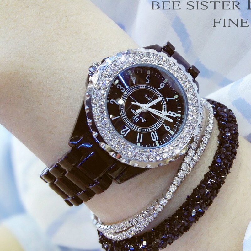 BS Luxury Ceramic Women Watch Crystal White Ladies Quartz Wristwatches Women Watches Ladies Wrist watches Female Clock