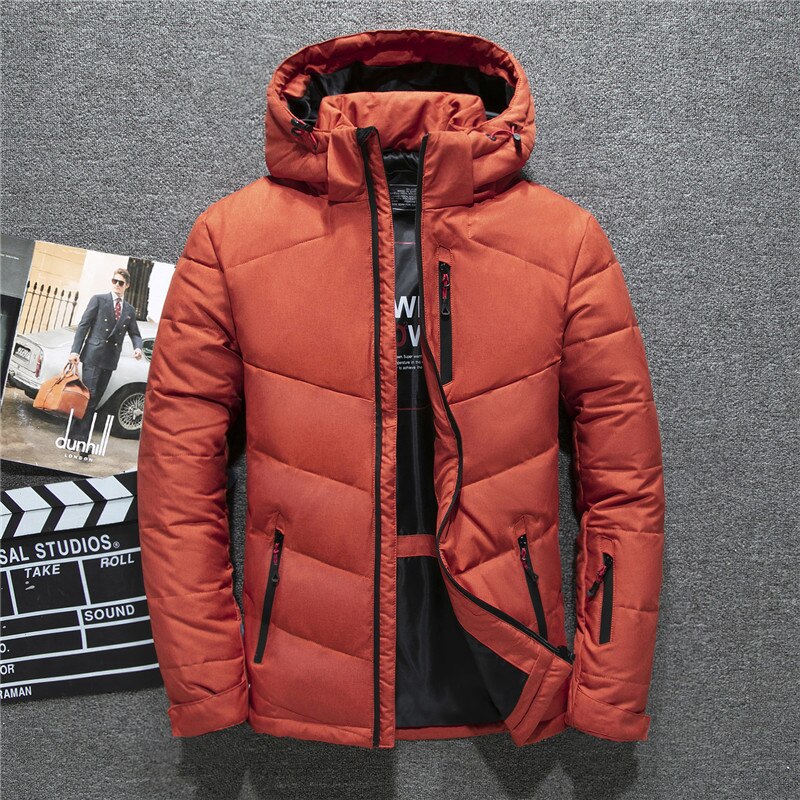 Dunjacka herr varm 90%  vita dunjackor 3xl vindtät vinterjacka med luva herrrockar ledig överrock: Orange / Xxl
