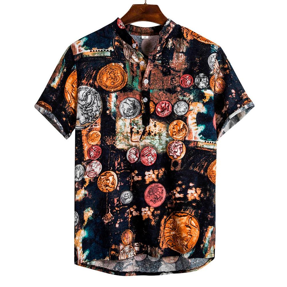 Mænd sommer hawaiiansk skjorte etnisk kortærmet afslappet bomuld linned print bluse mandlige tøj knap strand skjorte