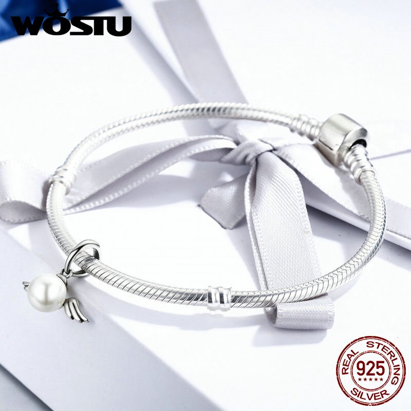WOSTU Luxury 100% 925 Sterling Silver Naughty Angel Wing Feather Charm fit Charm Bracelet & Necklace Jewelry Making CQC381