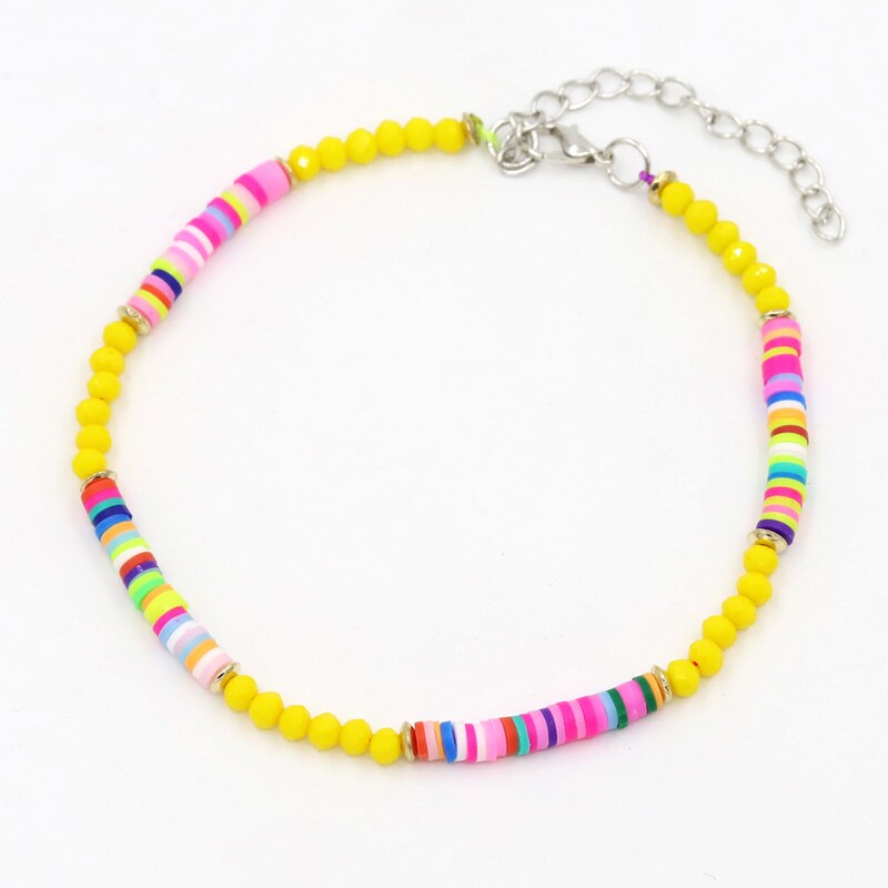 Bracelets de cheville pour femmes, bijoux bohèmes, réglables, colorés, en argile polymère, perles de cristal, chaîne de cheville pour la plage, pieds nus: D1803a