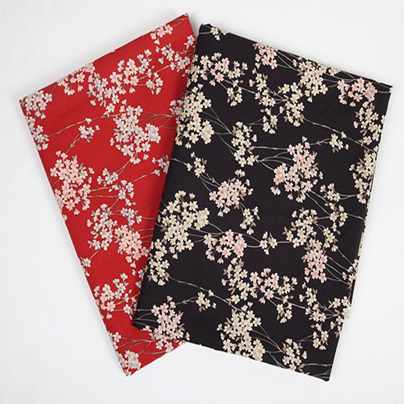 Tela de algodón tradicional con estampado de flores de cerezo Sakura Oriental, color negro y rojo, 50x135cm, para costura artesanal, pieza para bolsa de vestido