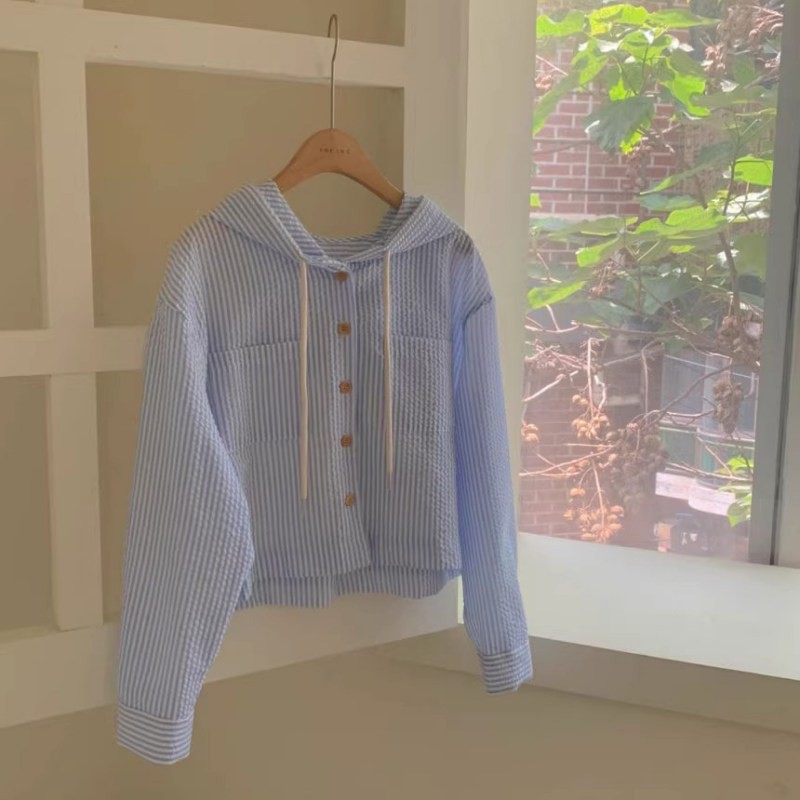 Dameskjorter sommer stribet løs afslappet alsidig enkeltradet langærmet solbeskyttelse hættetrøje cardigan top