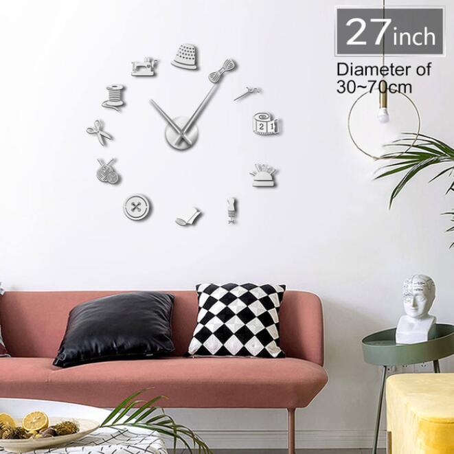 Horloge murale géante effet miroir, outils de couture, création de , décoration de chambre, 3D, horloge sans cadre: Silver / 47 inch
