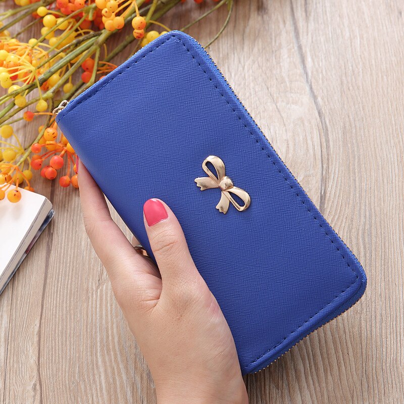 Kaarten Wallet Dames Leuke Strik Vrouwen Lange Portemonnee Effen Kleur Clutch Bag Pu Lederen Portemonnee Telefoon Kaart houder Tas: Dark Blue