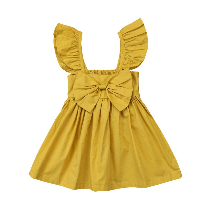 2 färger enfärgad gul rosa söt volanger klänning bebis flicka kläder nyfödda barn ärmlösa pilbågar sommar princess klänningar outfits: Gul / 24m