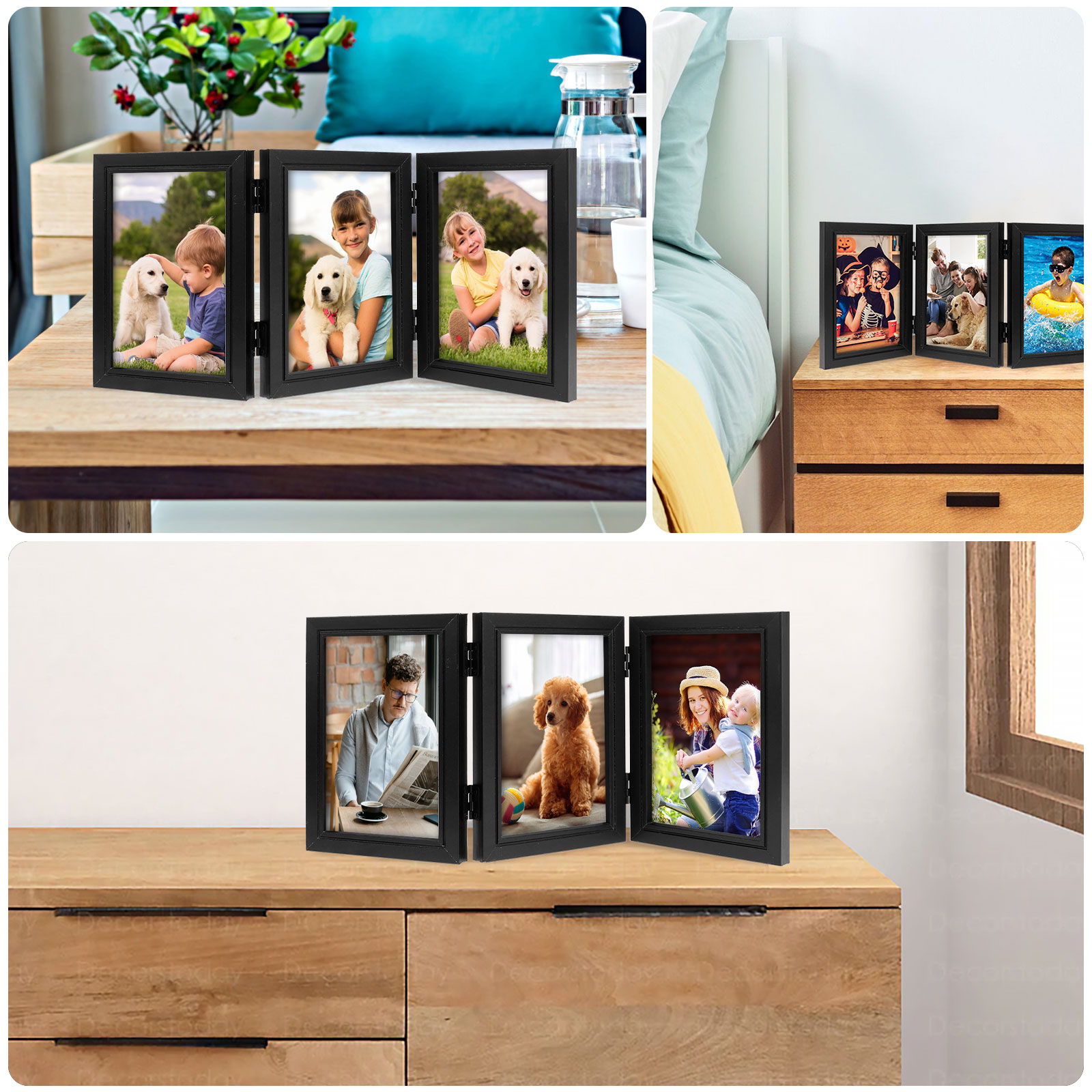 Double/Triple Photo Frame 180° Foldable Hinged Picture Frame Stand Vertically on Desktop Photo Frame with Glass Front Black