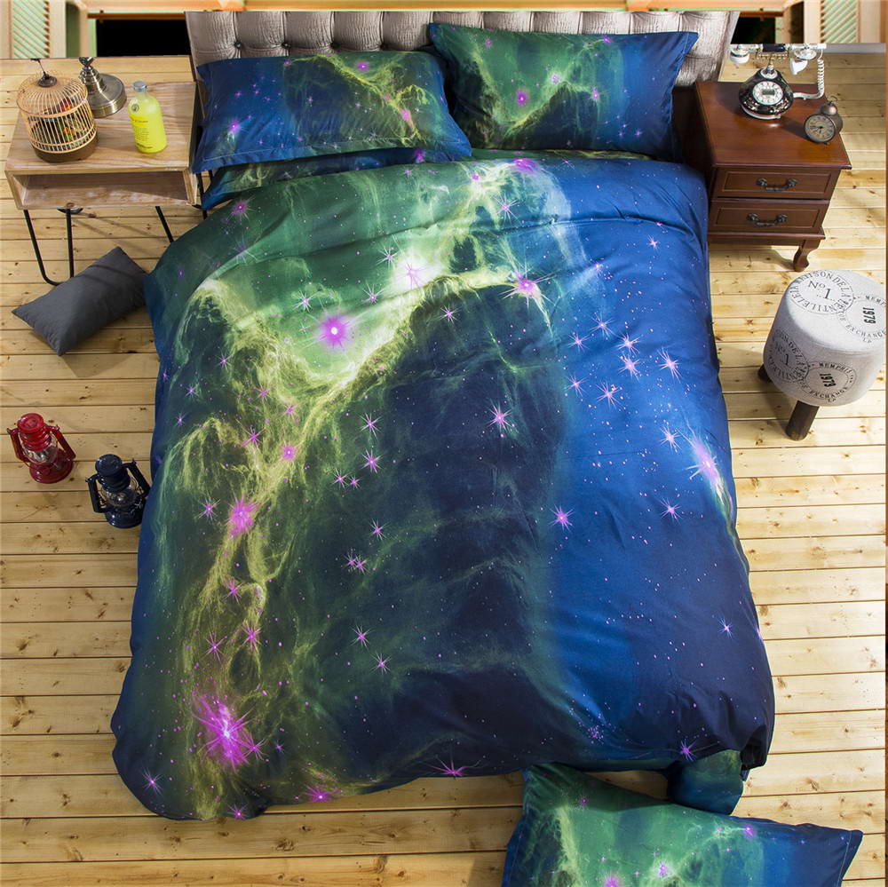 3D Bedding Sets Universe Outer Space Quilt Duvet Cover Bed Sheet Blue Galaxy Sell Pillowcase Twin Que: Green / Queen