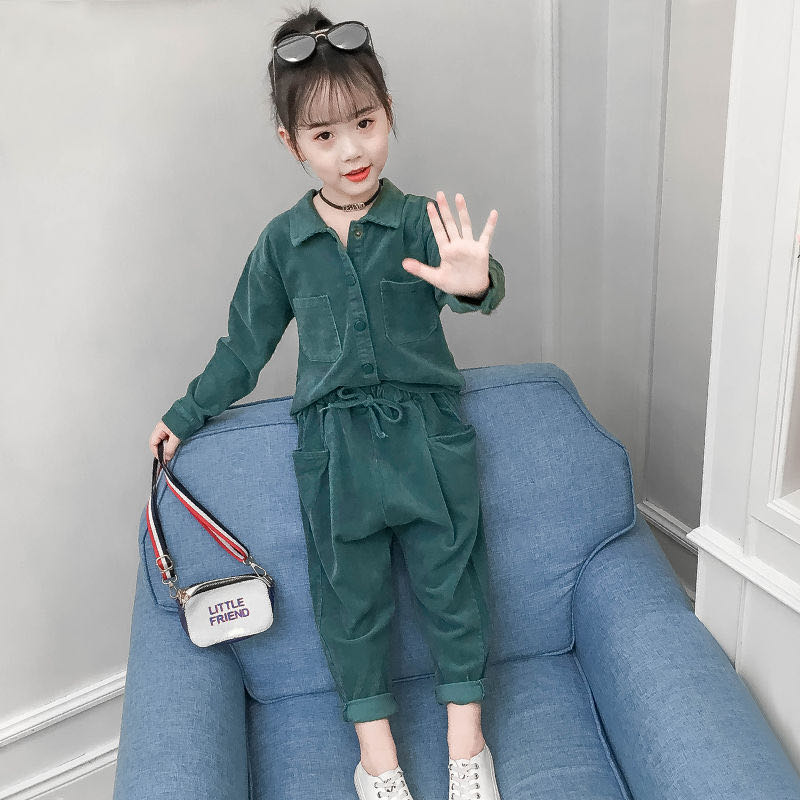 Ensemble deux pièces pour filles, chemise à manches longues et pantalon, en velours côtelé, pour enfants de 3-11 ans et plus, collection automne-hiver