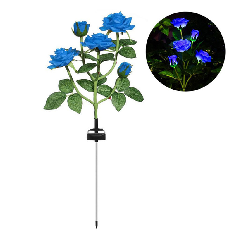 Solcelle Rose Blomsterlampe LED - Vandtæt Have Dekoration Udendørs - Landskab Græsplæne Lampe: Blåt -5 hoved