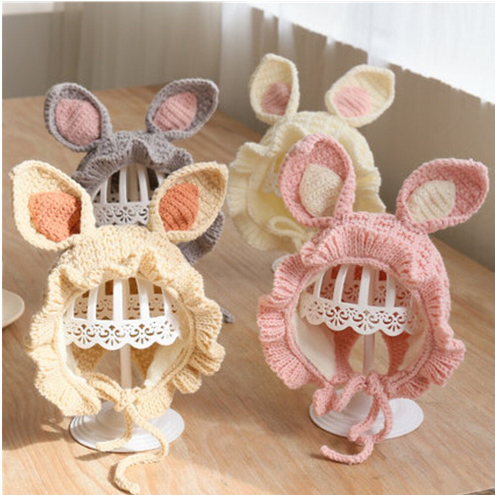 Baby gebreide muts winter muts kinderen wafel mutsen konijnenoren schattige baby muts voor de winter baby meisje muts met strik handgemaakte muts