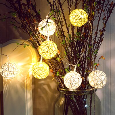 Guirlande lumineuse boule de rotin à 28led, 220V, 5M, 4cm, pour rideau de mariage, décoration de noël, pour patio, maison: white and yellow