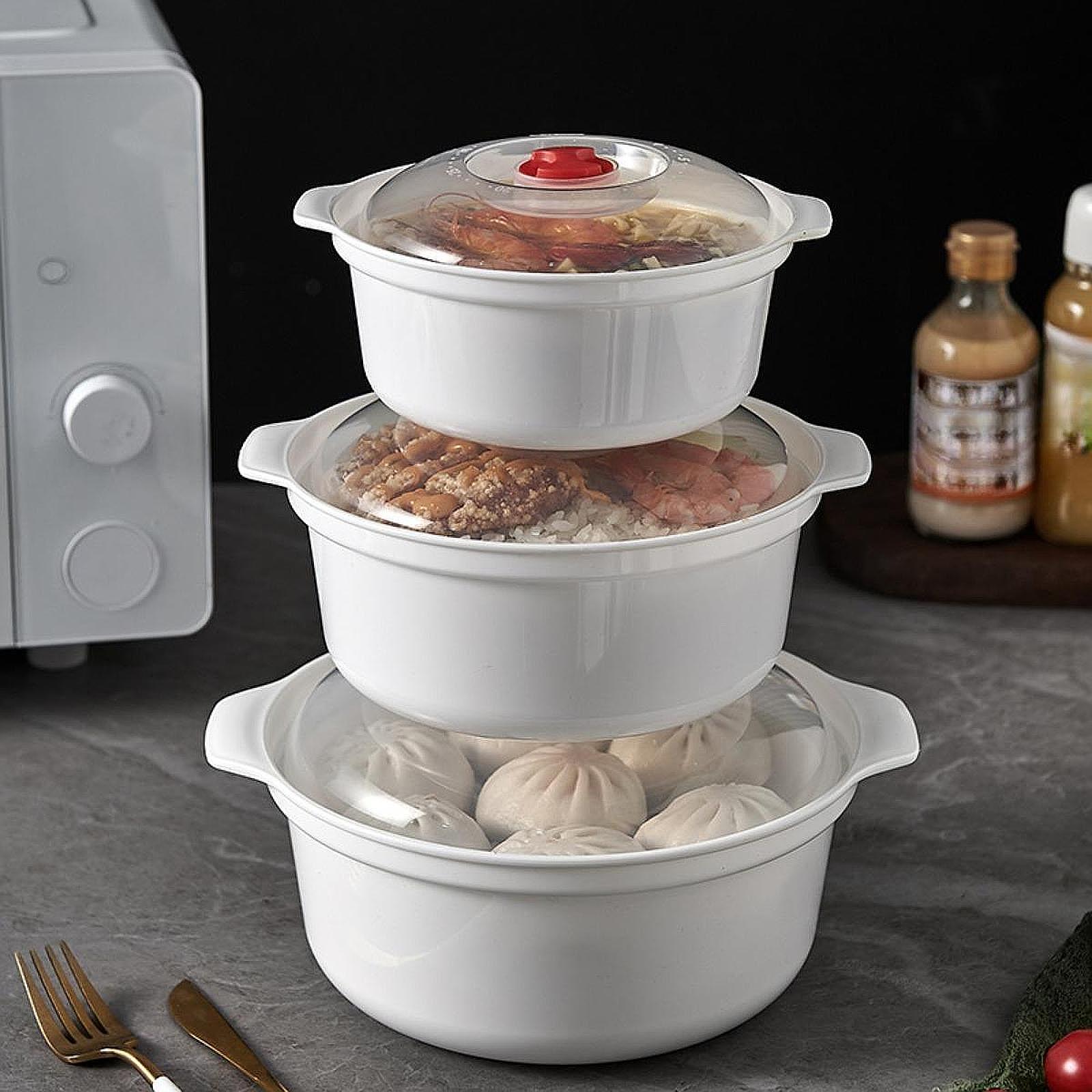 3 stk. mikrobølgeovnsskåle med låg, salatskåle, mikrobølgeovnsretter, opvarmning af mad