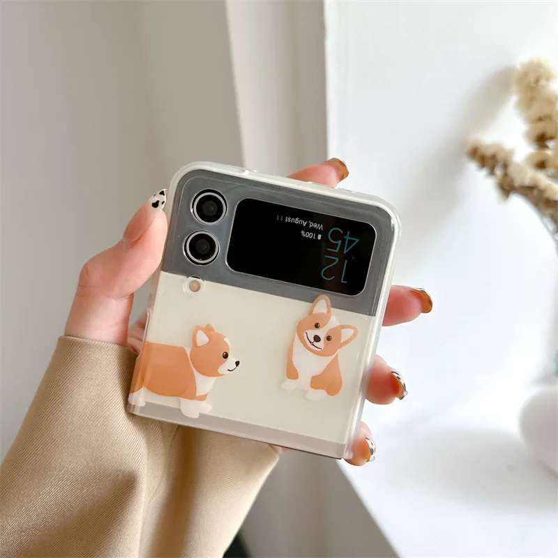 Cartoon Leuke Corgi Teckel Telefoon Case voor Samsung Galaxy Z Flip 5 4 3 Hard Cover voor Z Flip 3 Z flip 4 Solid Shell Beugel