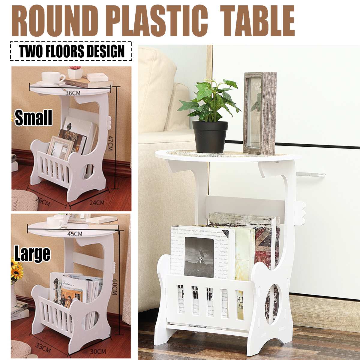 Large Modern Round Coffee Tea Table Home Living Room Storage Rack Bedside Table White Two Layers Storage Shelf