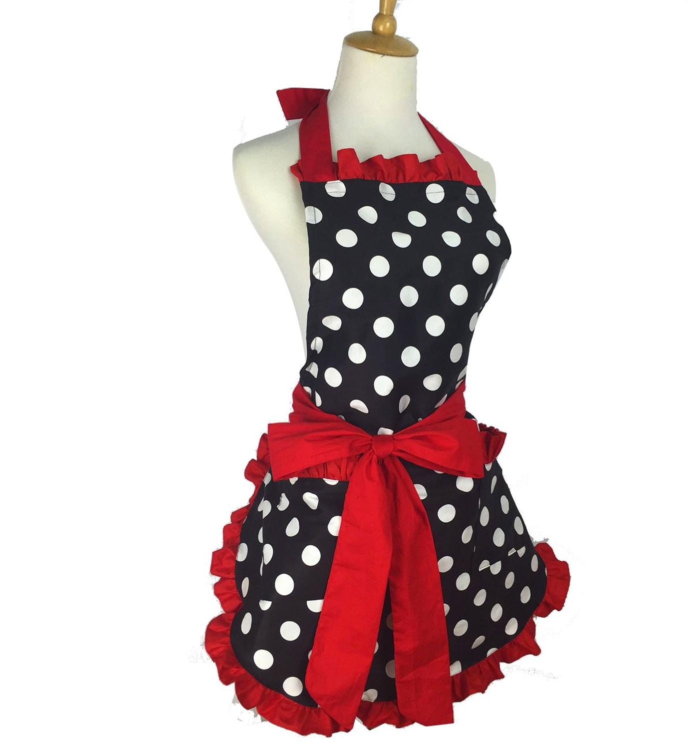 Retro forklæde til kvinder super sød og sjov sløjfe med lomme justerbar bomuld polka prikker sarte hemline madlavningsforklæder