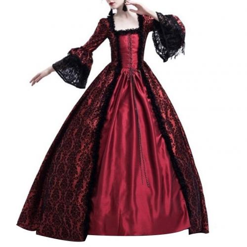 Medieval Renaissance Queen Ball Gown Bell Sleeve Maxi Dress Halloween Costume: Wine Red / XXXL