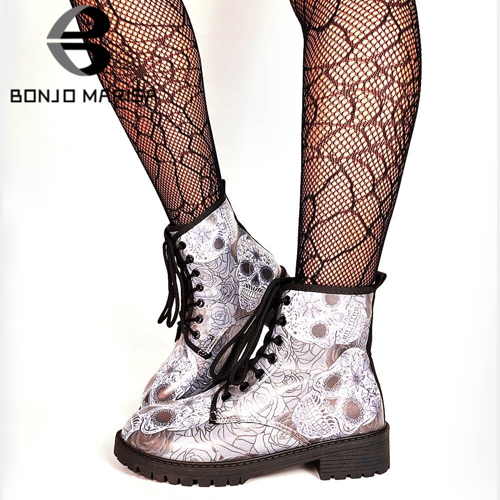 INS Female Skull Punk Motorcycle Boots Lace Up Round Toe Punk Cool Gothic Boots Women Stylish Big Size 43 Shoes Woman