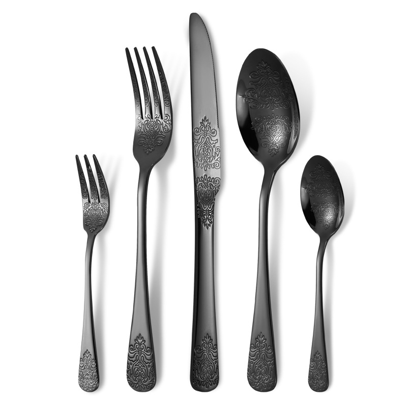 5-teiliges Messer aus Edelstahl, Gabel, Löffel-Set mit gemustertem Totem-Geschirr, Steakmesser und Gabel im westlichen Stil: Black
