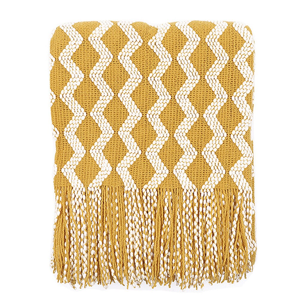 Bedding Knitted Throw Sofa Blanket Living Room Home Office Soft With Tassels Machine Washable Warm Rectangle Wave Pattern: Yellow