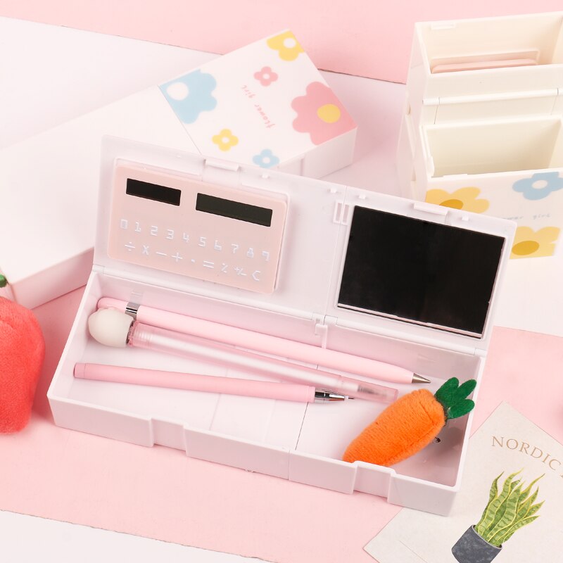 1Pc Grote Capaciteit Pennenbakje Penhouder Schoolbenodigdheden Briefpapier Doos Met Rekenmachine En Spiegel 4 In 1 Multi-functie