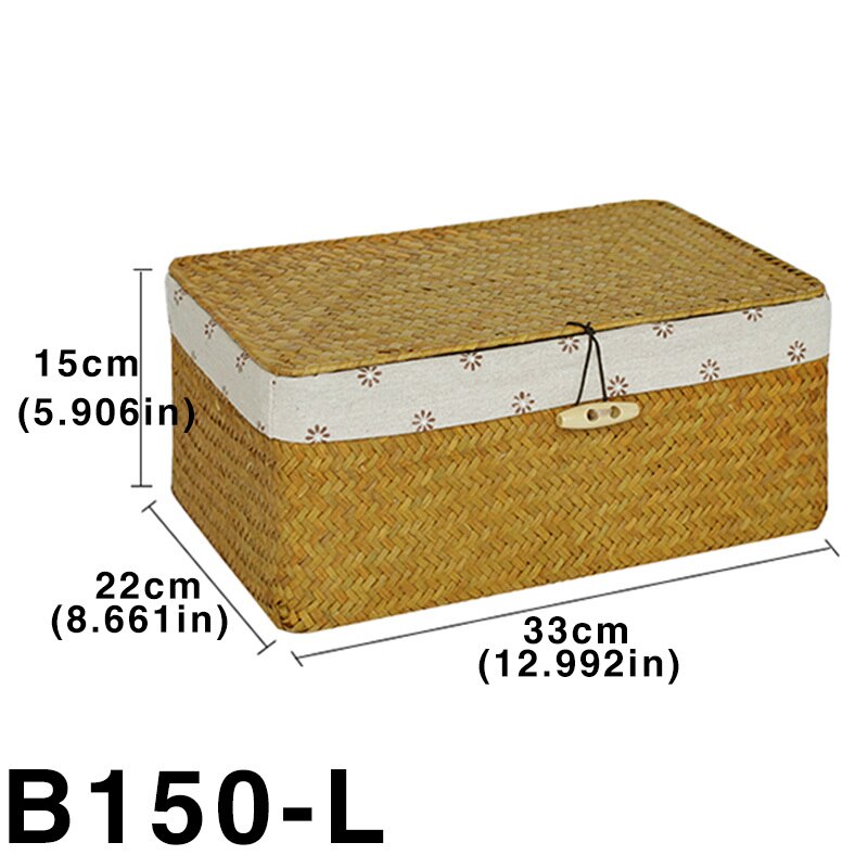 Handmade Rattan Storage Box Container Desktop Sundries Organizer Straw Wicker Basket With Lid Liner Bathroom Chest Square: B150L