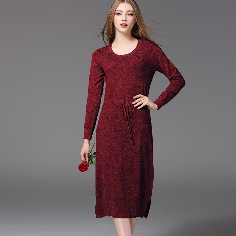 Noble Long Sleeve Knitted Casual Spring Summer Dress Women Evening Party Bodycon Lady Pencil Belt Dresses