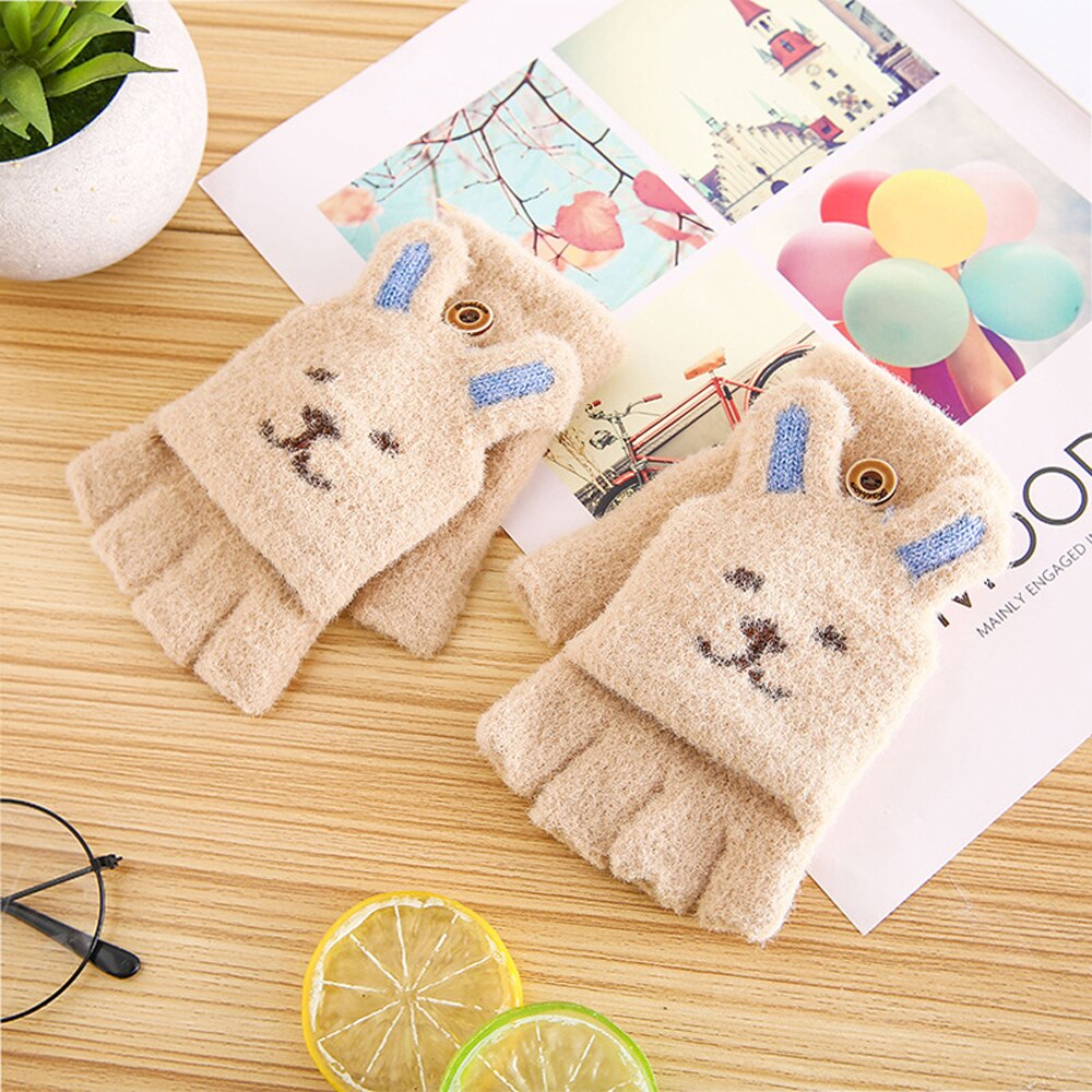 1 par conejo oreja Flip-top guantes de niño chico esponjoso de manopla de mitad de dedo de dibujos animados de invierno guantes: beige